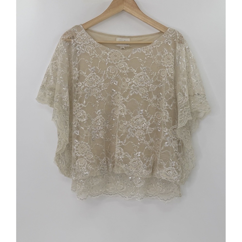 Eci Lace Ivory Beige Blouson Sheer 100% Nylon Blend Lined Blouse Sz L Event - Picture 1 of 9